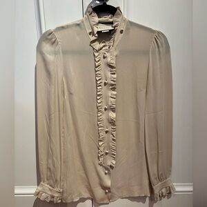GUCCI beige silk ruffle blouse pearl buttons